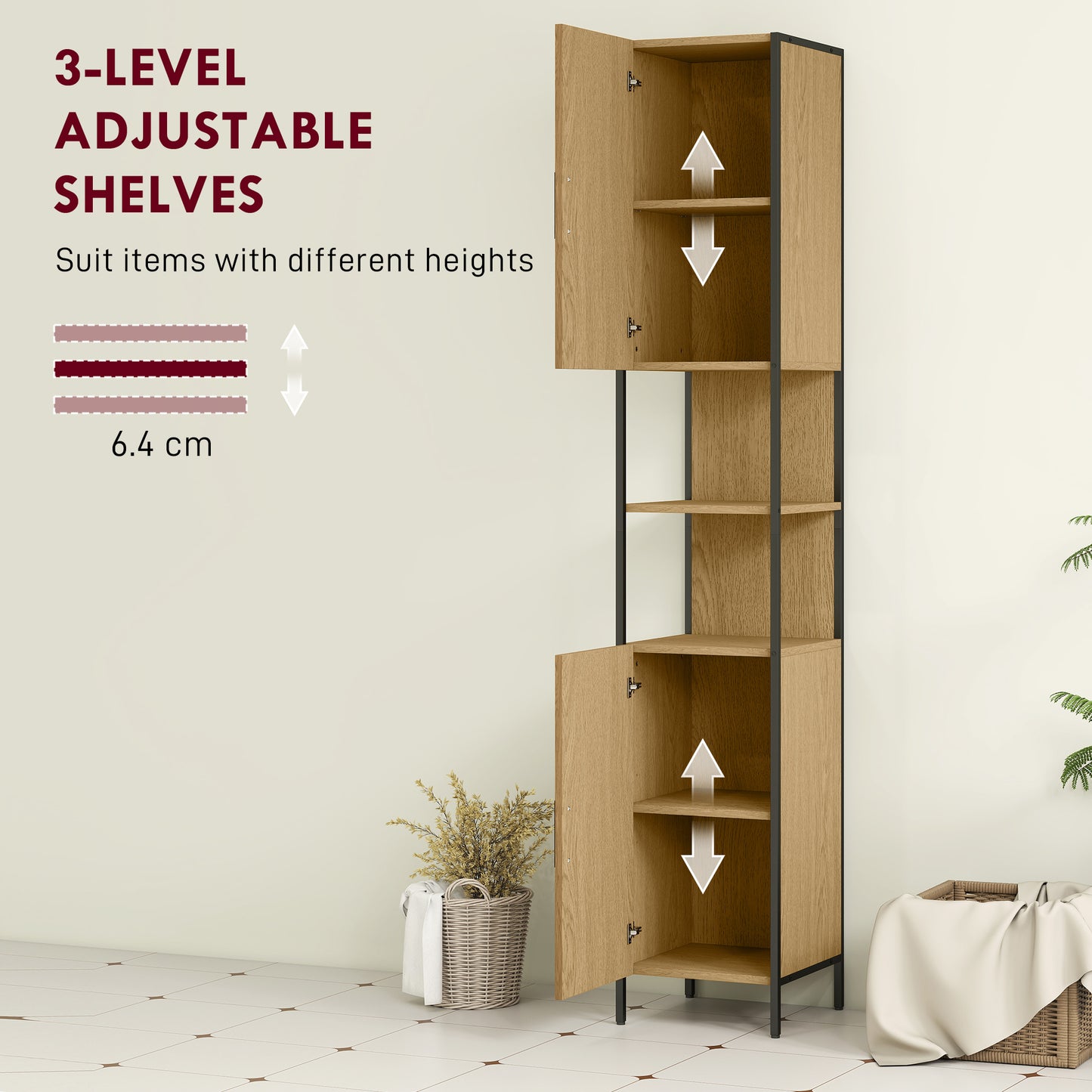 HOMCOM Tall Bathroom Cabinet with 2 Doors, Open Compartments and Adjustable Shelves - Natural Wood Finish