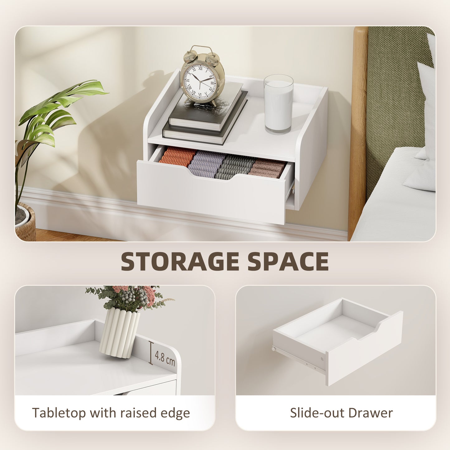 HOMCOM Floating Nightstands Set of 2, Wall Mounted Bedside Table with Drawer for Bedroom, White
