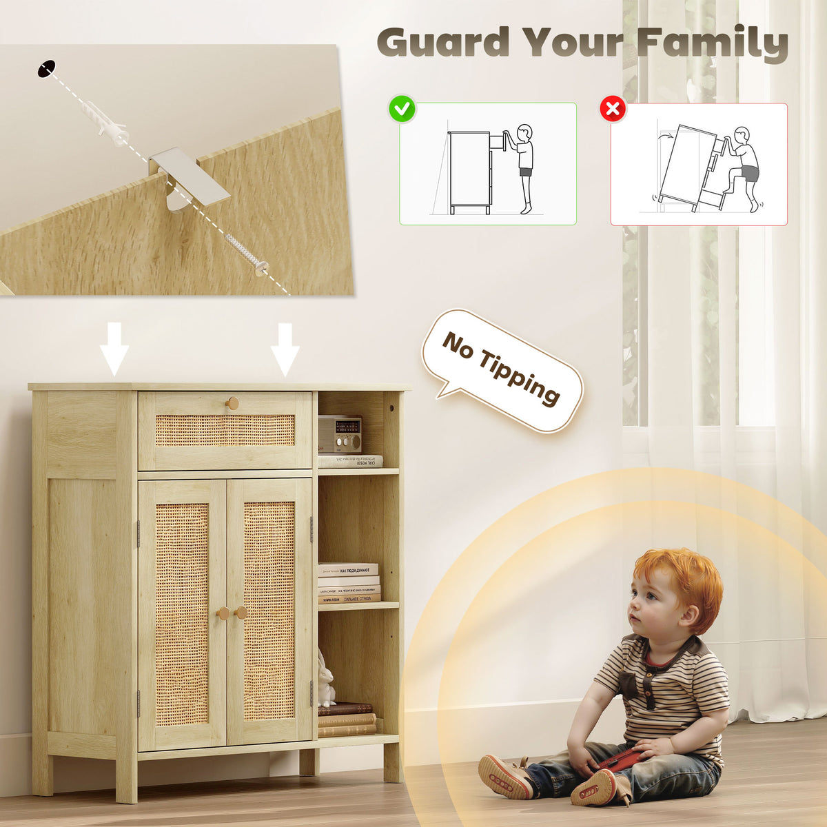 HOMCOM Rattan Sideboard Cabinet with Drawer 2 Doors Adjustable Shelves Kitchen Storage 75 x 30 x 79.5 cm Natural Wood Effect