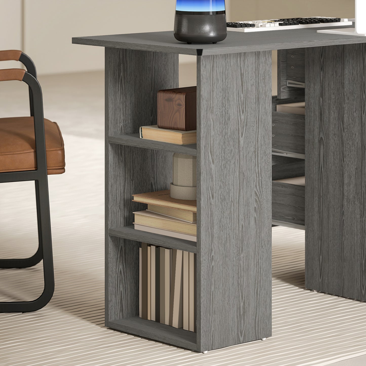 HOMCOM Computer Desk, Writing Table, PC Workstation with 3 Storage Shelves and Drawers, Silver Handle, for Home Office, Grey