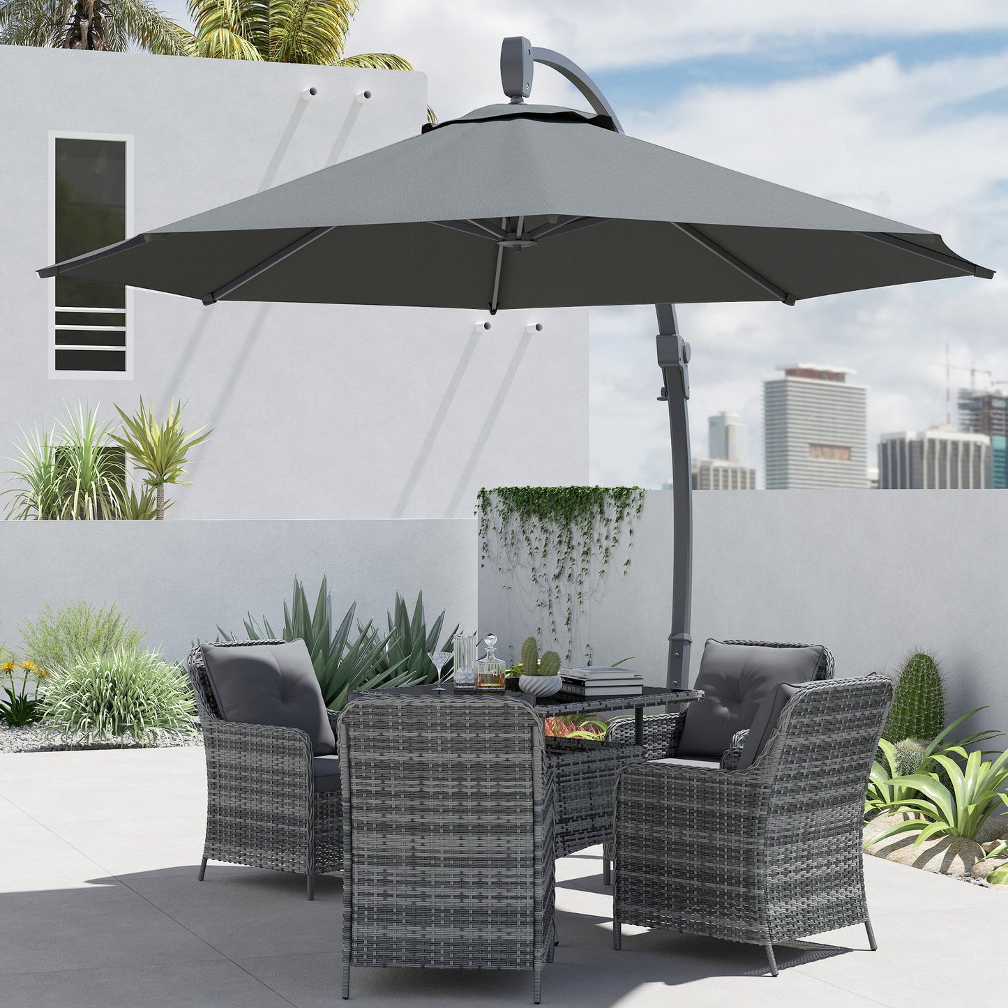 Outsunny 3(m) Garden Cantilever Parasol, Round Overhanging Umbrella with Crank Handle, Cross Base, Aluminium Frame and 360Â° Rotation, Banana Patio Umbrella for Outdoor Sun Shade, Grey