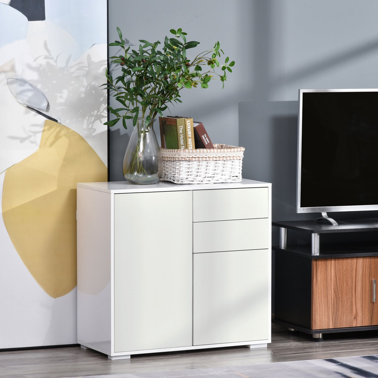 HOMCOM High Gloss Frame Sideboard, Push-Open Design with 2 Drawer for Living Room, Bedroom, 74H x 79W x 36Dcm, White