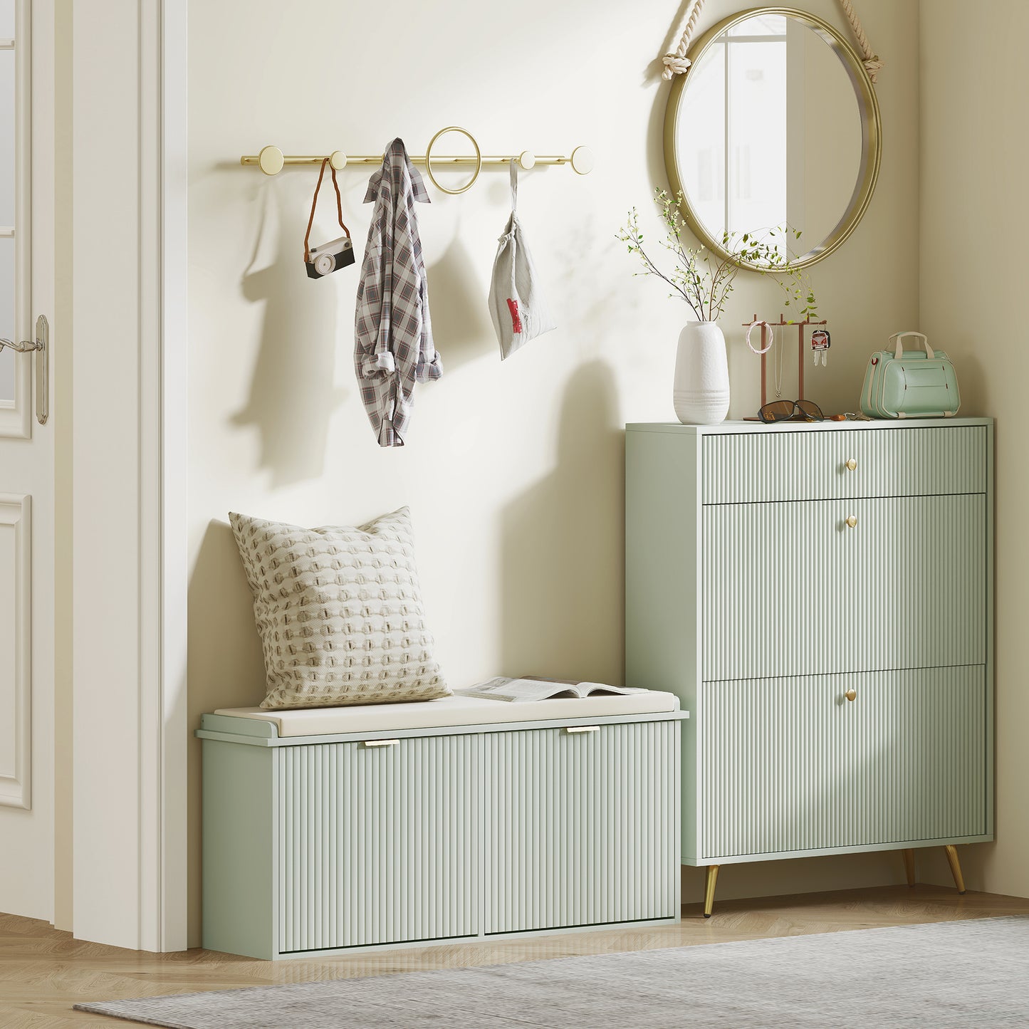 HOMCOM Elegant Ten Shoe Bench, with Top Seat - Green