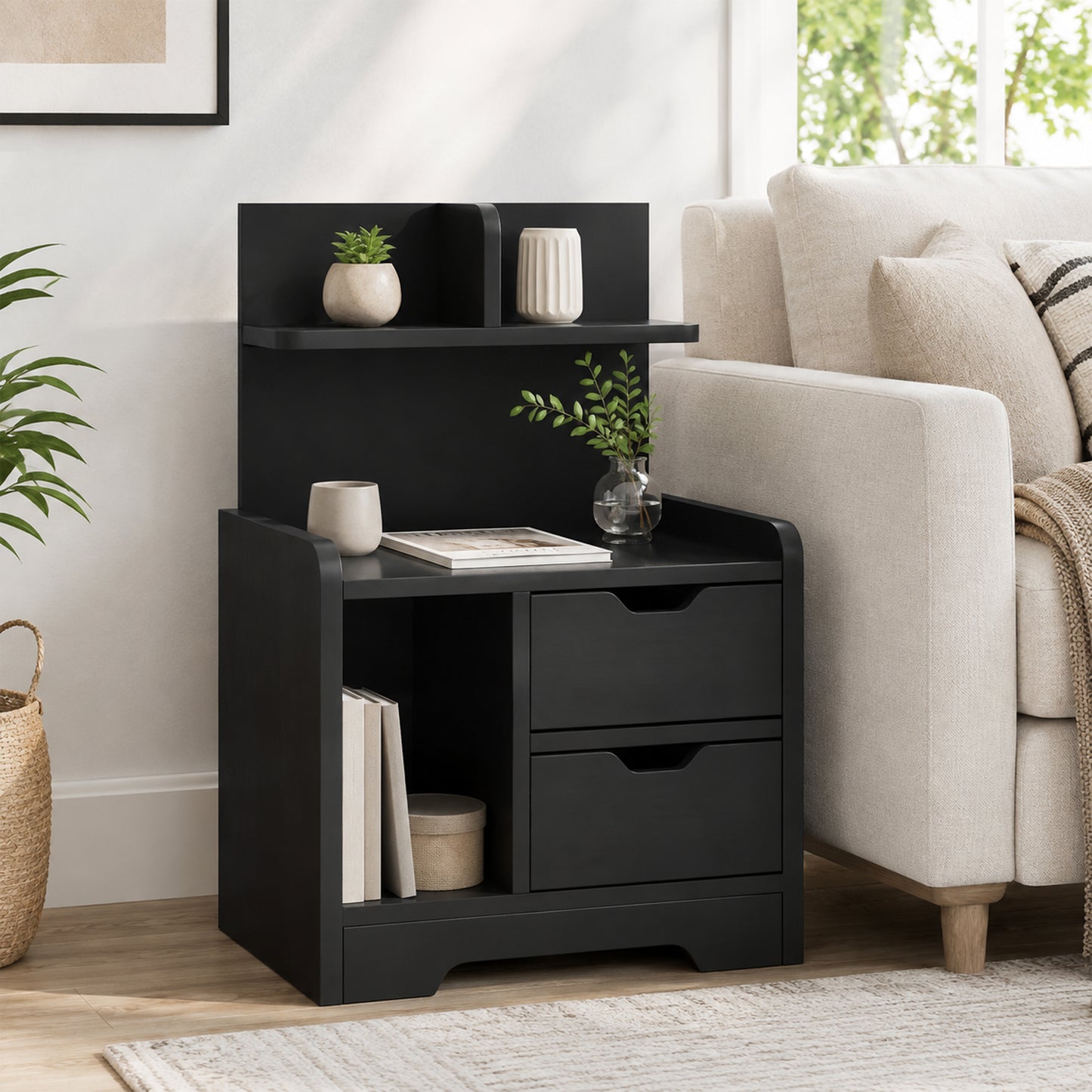 HOMCOM Bedside Table, Small Bedside Cabinet with 2 Drawers and Storage Shelves for Bedroom, Black Wood Effect