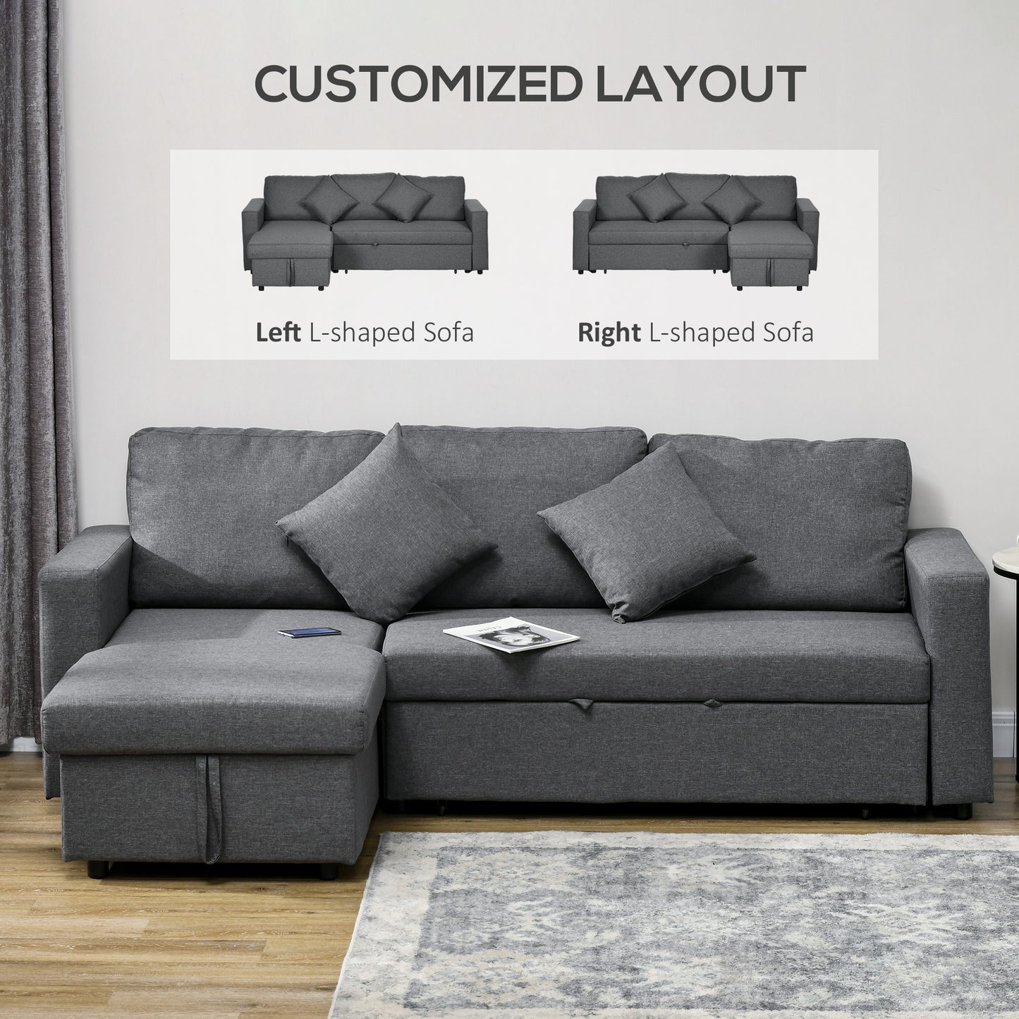 HOMCOM Corner Sofa Bed with Storage, 3 Seater Pull Out Sofa Bed, Pre-Assembled & Delivered to Your Home, Dark Grey