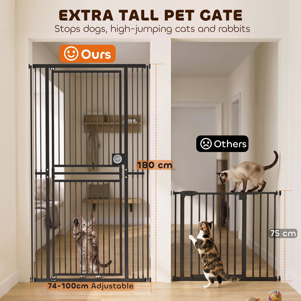 PawHut 180cm Extra Tall Cat Gate, Adjustable Pet Gate with 74-100 cm Wide, Pressure Fit, Pull-Ring Latch, Black