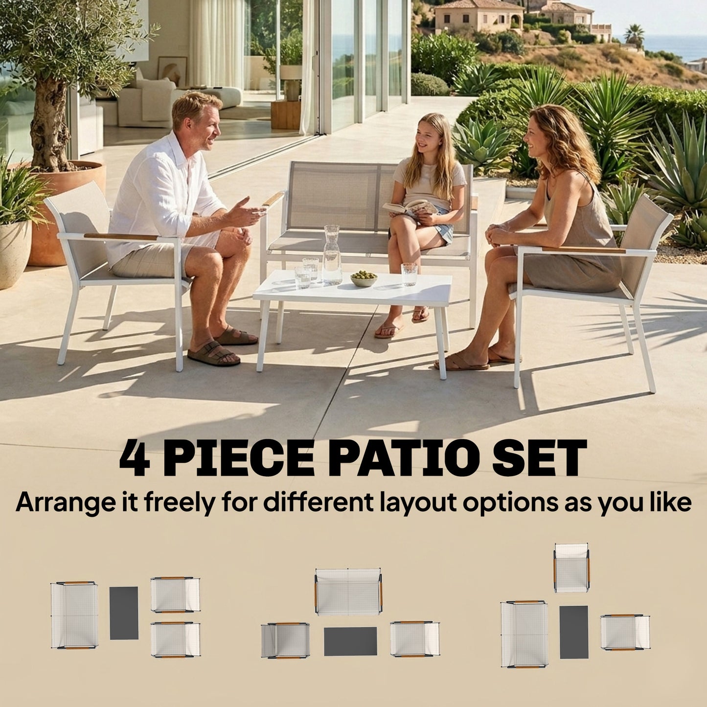 Outsunny 4 Seater Garden Furniture Set with Loveseat, Armchairs, Table, Metal Garden Sofa Set with Breathable Seats, Khaki