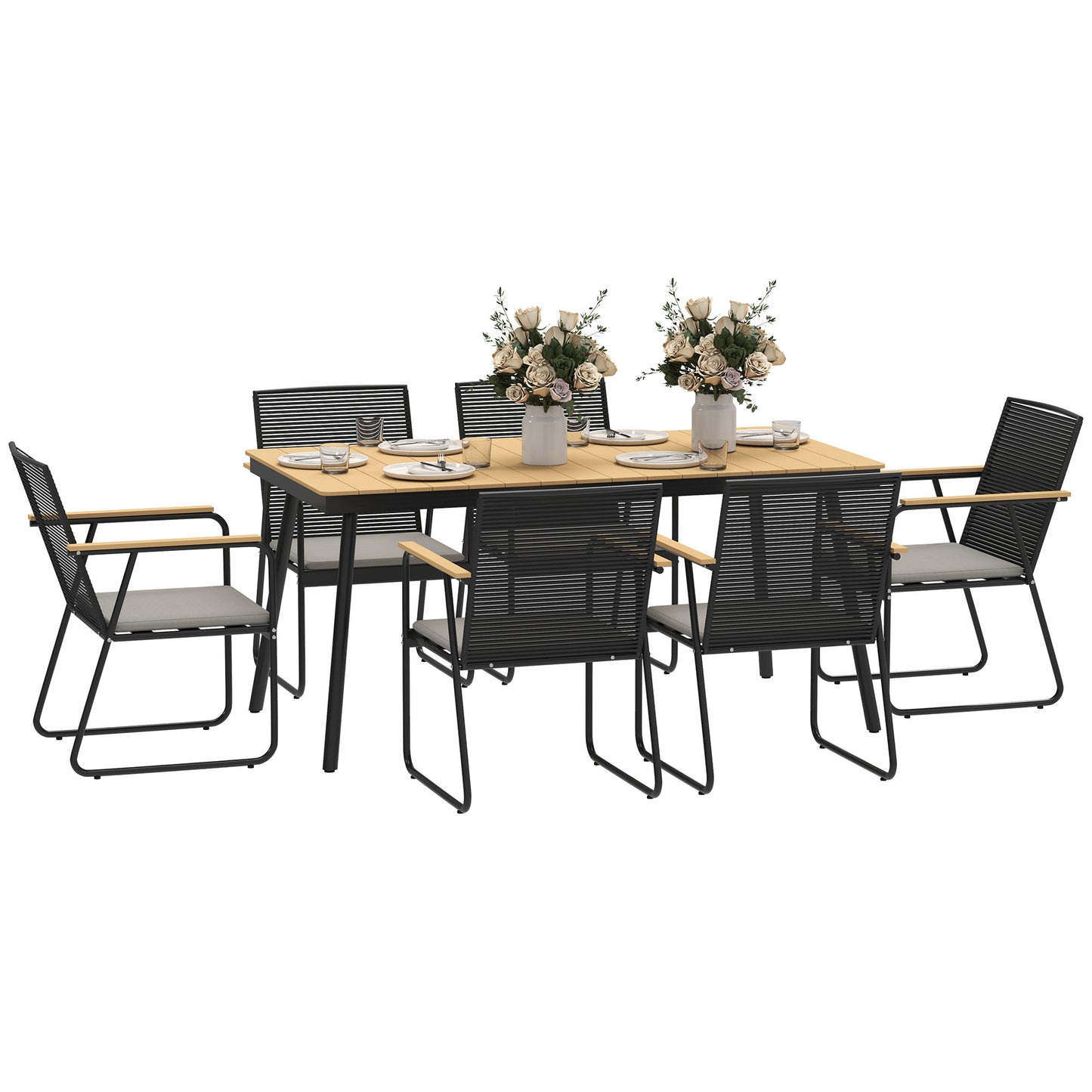 Outsunny 6â€‘Seater Garden Dining Set with Cushions, Rattan Backrest, Plastic Top, Garden Furniture Set, Natural Wood Finish Default Title