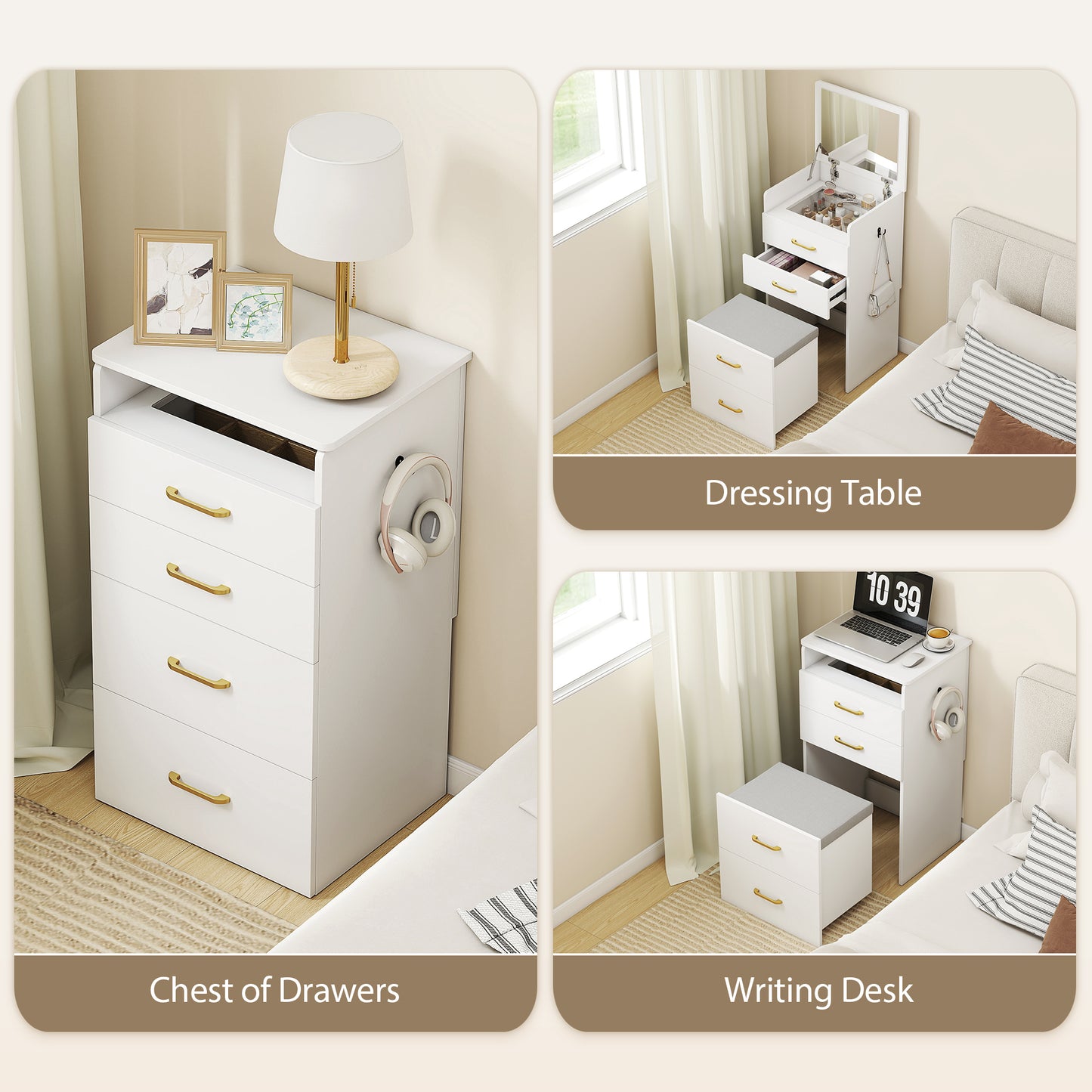 HOMCOM 3 in 1 Dressing Table with Flip-top Mirror and Rolling Stool, Modern Vanity Desk with Visible Glass Tabletop, Drawers and Side Hook, Makeup Table with Cushioned Storage Stool for Bedroom, White