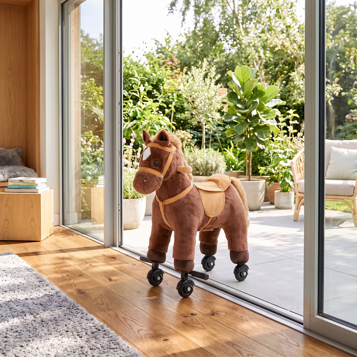 AIYAPLAY Rocking Horse, Plush Ride On Horse with Hoof and Neighing, Rolling Wheels and Pedal for 3-8 Y, Up to 50kg, Dark Brown