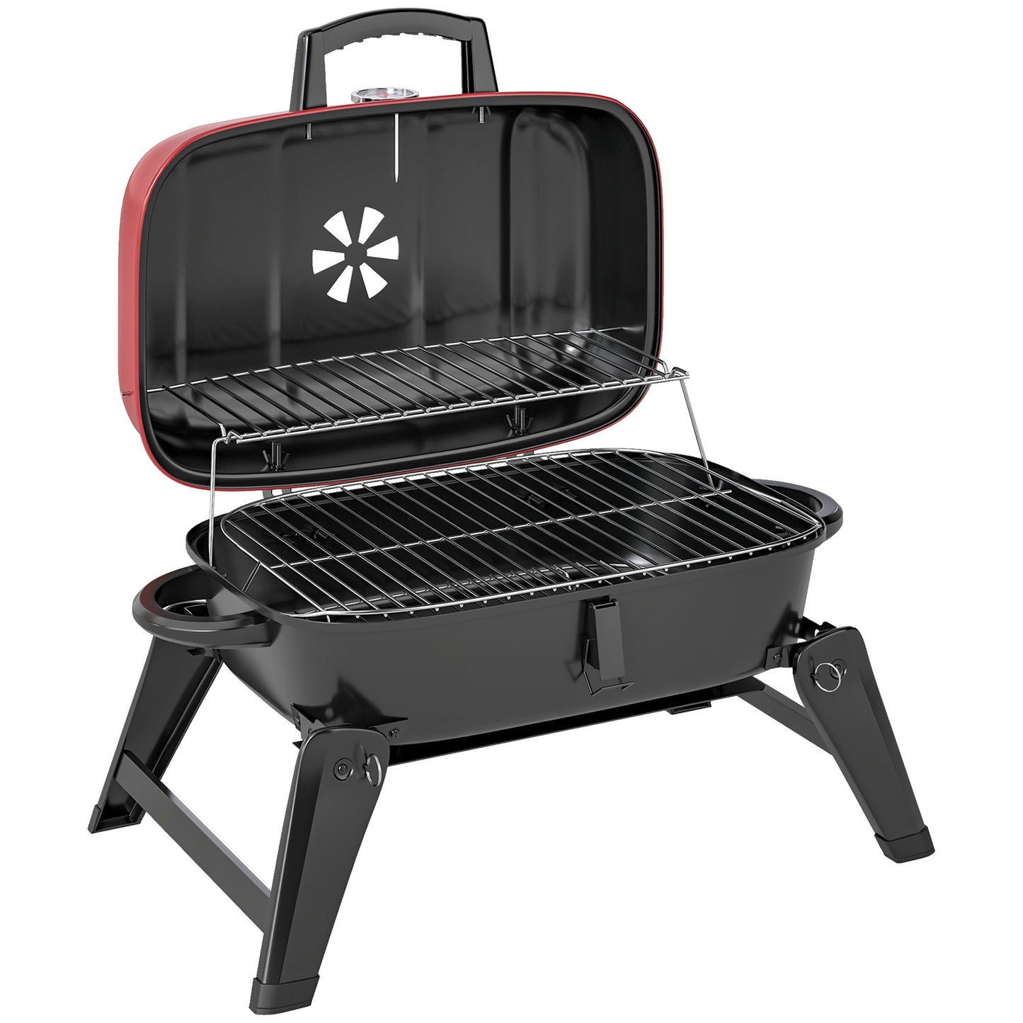 Outsunny Charcoal Barbecue Grill Folding Portable BBQ Grill for Camping with 1232 cmÂ² Cooking Area, Adjustable Vent, Thermometer, Handles for Picnic, 59 x 37 x 36 cm, Red
