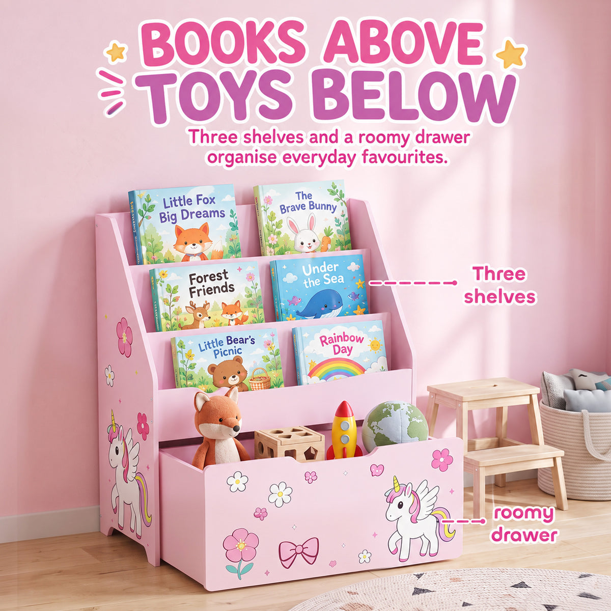 AIYAPLAY Kids Bookshelf, Montessori Inspired Childrens Bookcase with Moveable Drawer, 3-Tier Bookshelf for 3-8 Years, Pink