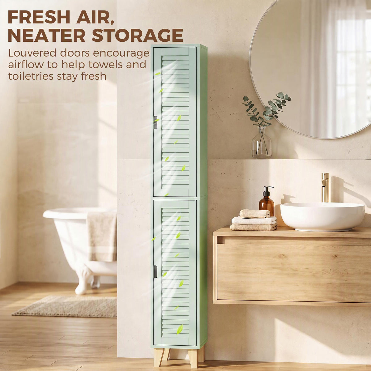 HOMCOM 170cm Tall Bathroom Storage Cabinet, Freestanding Bathroom Cabinet with Louvered Doors, Adjustable Shelf, Light Green