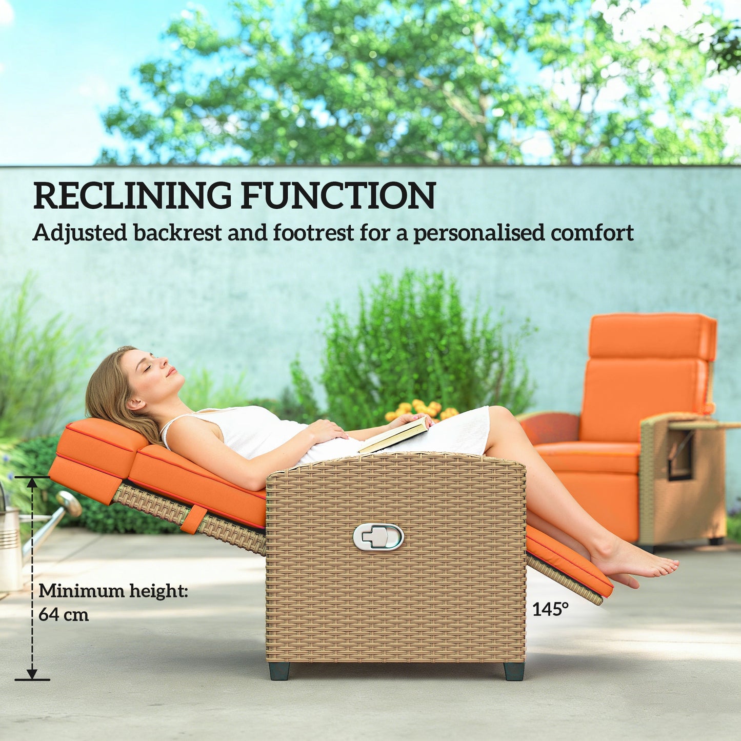 Outsunny 145Â° Reclining Rattan Armchair, with Footrest - Khaki/Orange