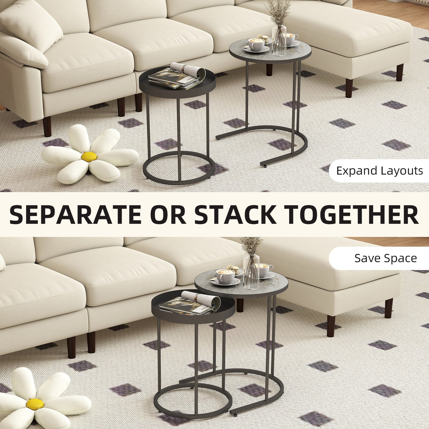 HOMCOM Round Nesting Side Table Set of 2 - Grey