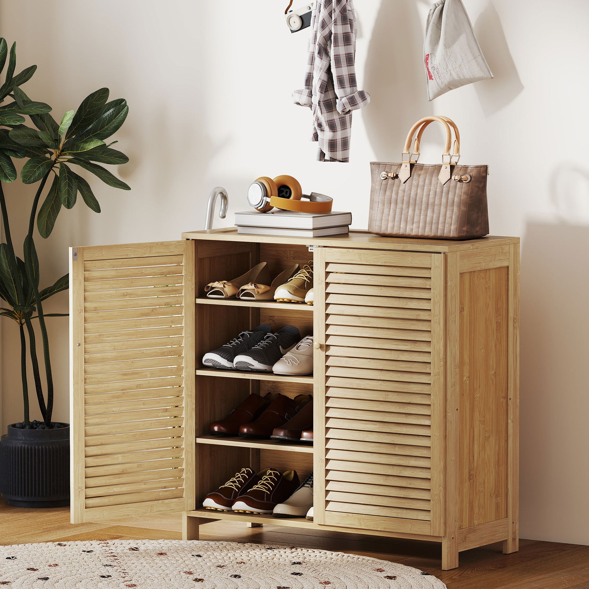 HOMCOM Bamboo Shoe Cabinet with Louvered Doors, 14 Pairs Shoe Storage Cabinet with Adjustable Shelves for Hallway, Natural