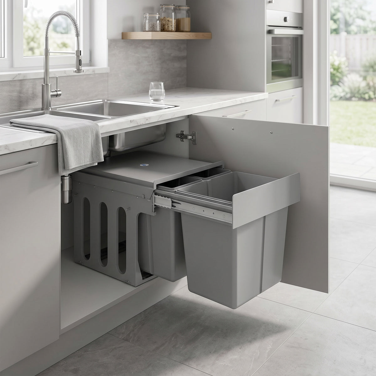 HOMCOM Pull Out Bin, Under Sink Bin - 3 Removable Compartments (15L + 2 x 8L) for 400mm Cabinets, Light Grey