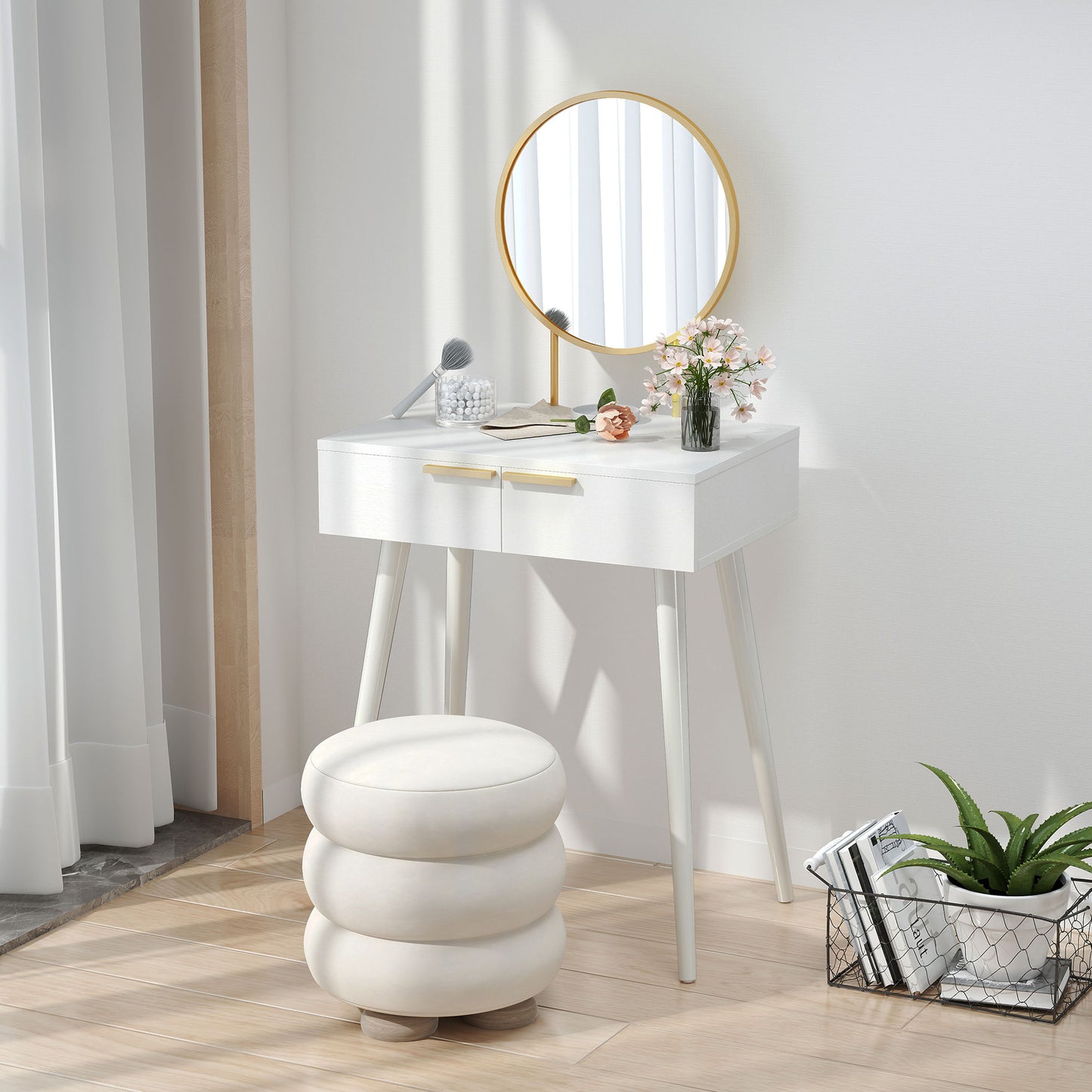 HOMCOM Elegant Dressing Table, with Round Mirror, 60 x 40 x 123 cm - White