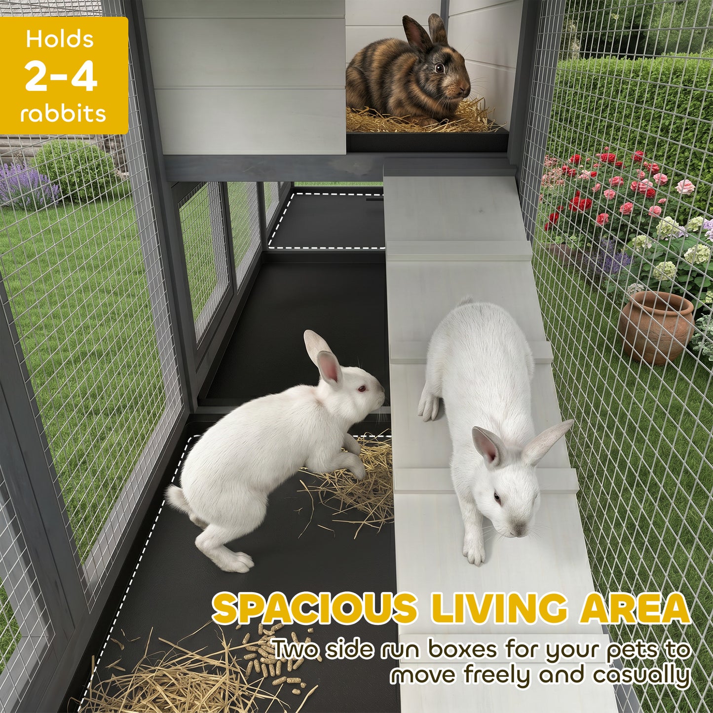 PawHut 2-Tier Large Rabbit Hutch Outdoor with Double Side Run Boxes, No-leak Plastic Tray, Ramp, 230 x 53 x 93.5cm, Light Grey