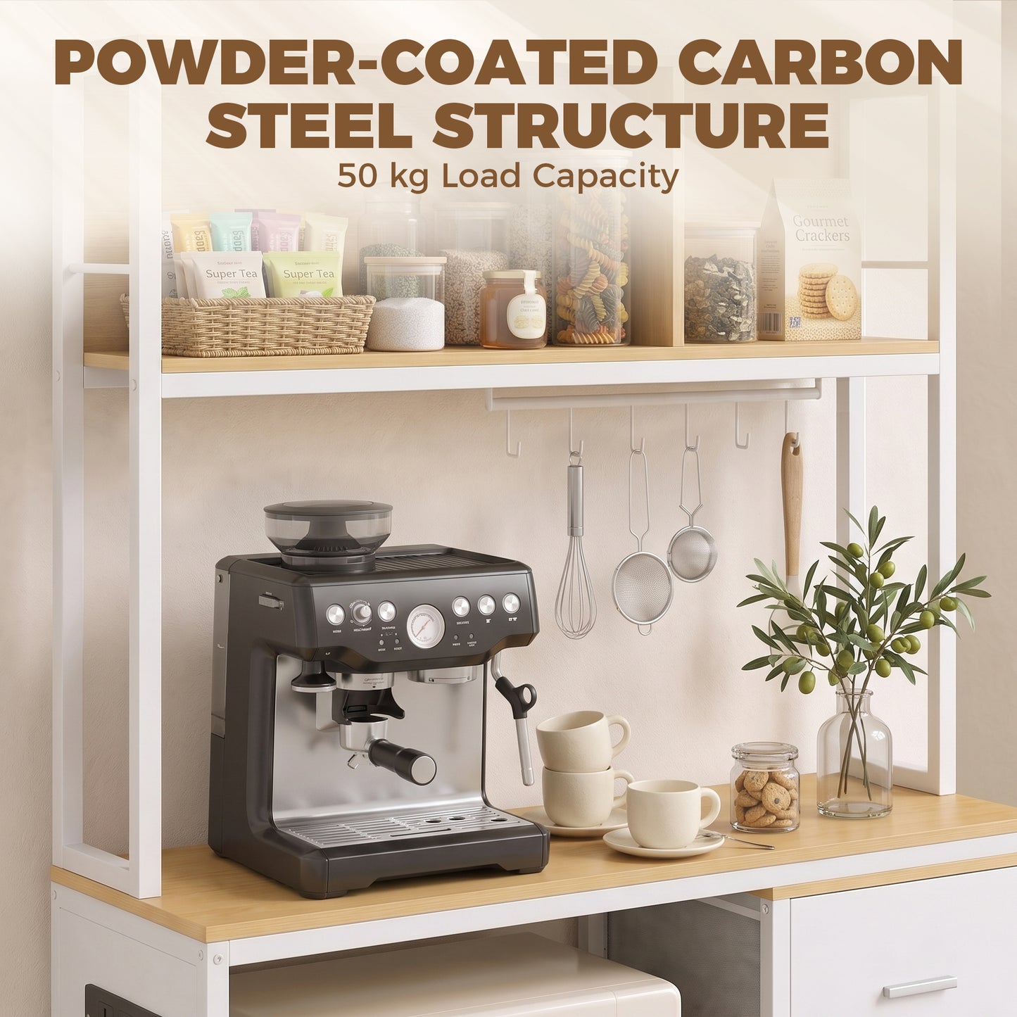 HOMCOM Kitchen Storage Rack with Power Outlet, USB and Type-C Ports, Drawer, Shelves and 4 Hooks, Oak and White
