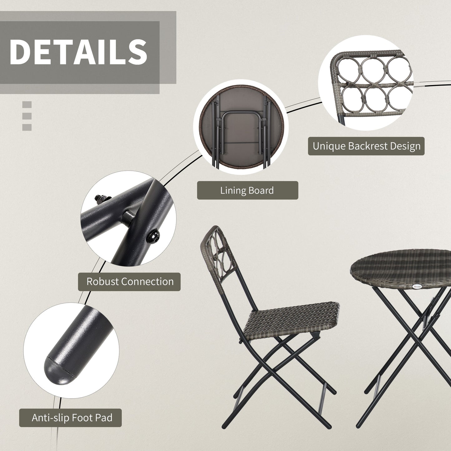 Outsunny 3 Pieces Rattan Bistro Set, Wicker Folding Garden Furniture Set with Coffee Table and Chairs for Outdoor, Patio, Balcony, Grey