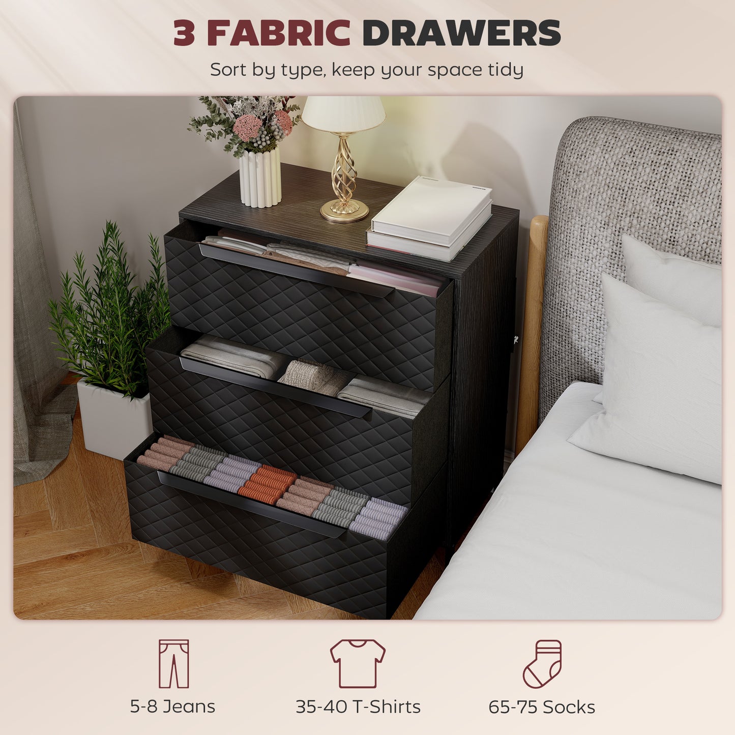 HOMCOM Chest of Drawers, Dresser with 3 Fabric Drawers and Aluminium Handles - Black
