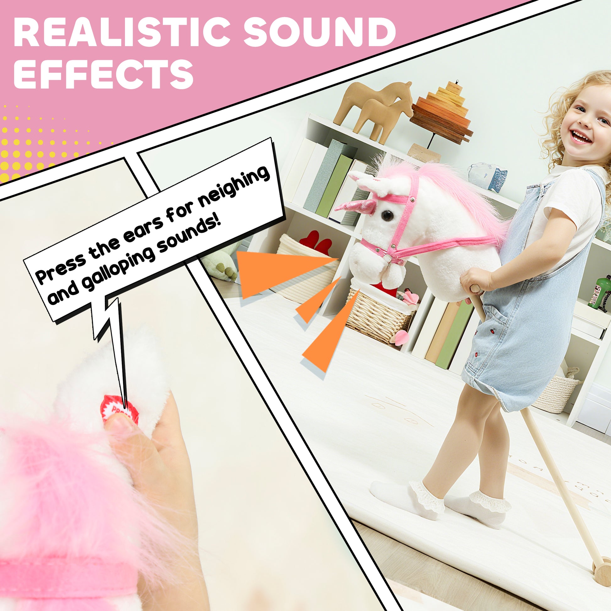 AIYAPLAY Unicorn Stick Horse with Wood Wheels, Real Pony Neighing and Galloping Sounds, Grip Handle, 95 cm, White