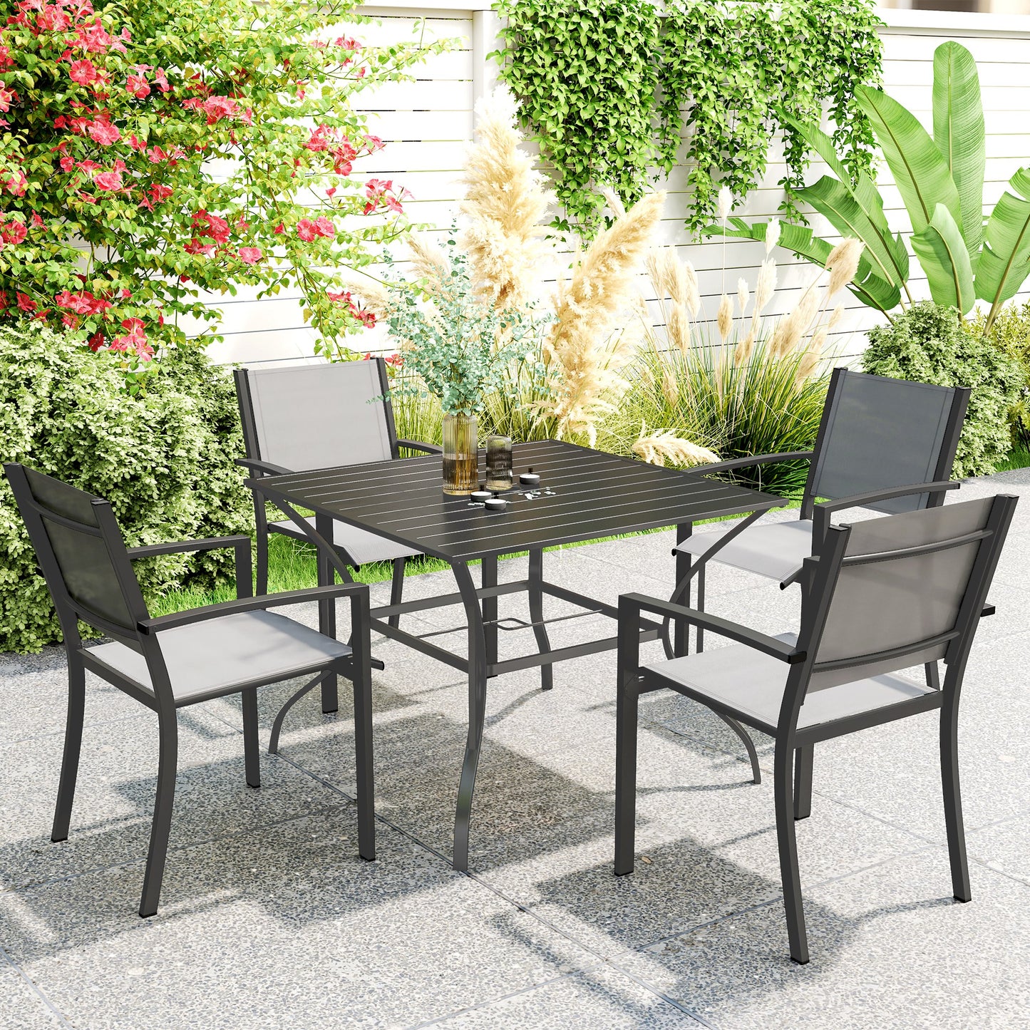 Outsunny 94 x 94 cm Garden Table with Parasol Hole, Outdoor Dining Garden Table for Four with Slatted Metal Plate Top, Dark Grey