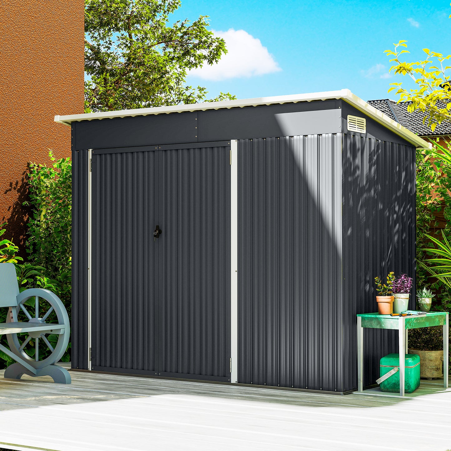 Outsunny 7.5 x 4.3ft Metal Garden Storage Shed, Waterproof Outdoor Shed with Triple Lockable Door, Gloves, Vents, Dark Grey