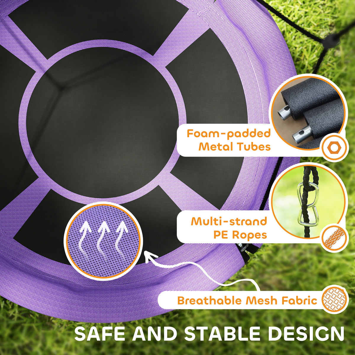 AIYAPLAY 100cm Diameter Nest Seat for Kids with Height Adjustable Hanging Ropes for Outdoor, Playground, Garden, Purple
