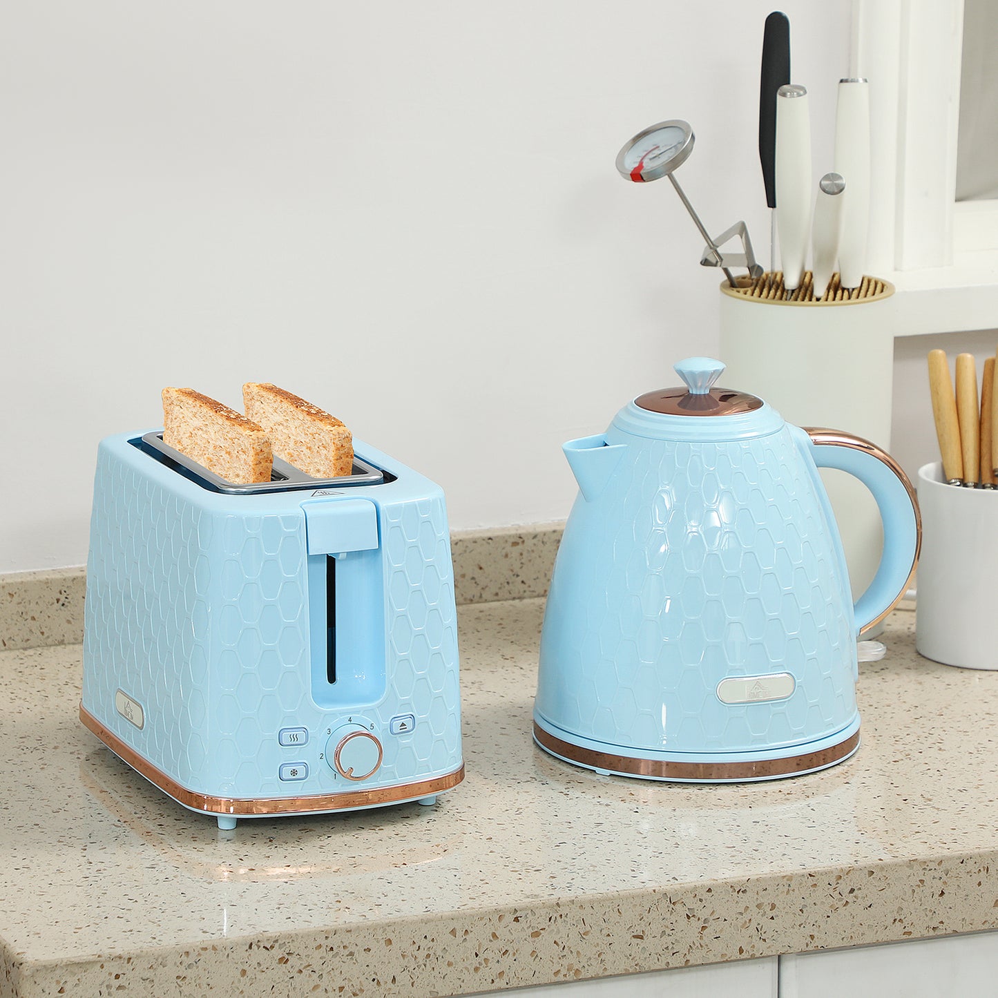 HOMCOM 1.7L 3000W Fast Boil Kettle & 2 Slice Toaster Set, Kettle and Toaster Set with Auto Shut Off, Browning Controls, Light Blue
