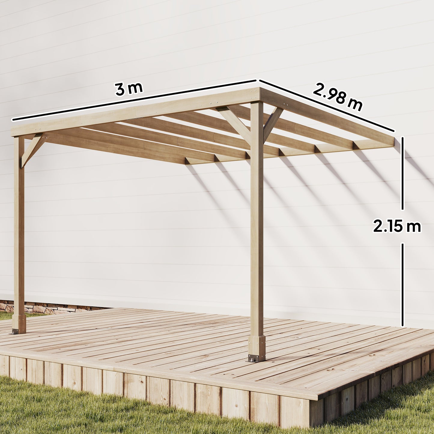 Outsunny Lean-To Wooden Pergola Kit, Decorative Garden Gazebo with Stable Structure and Concrete Anchors, 3 x 3 m, Light Brown