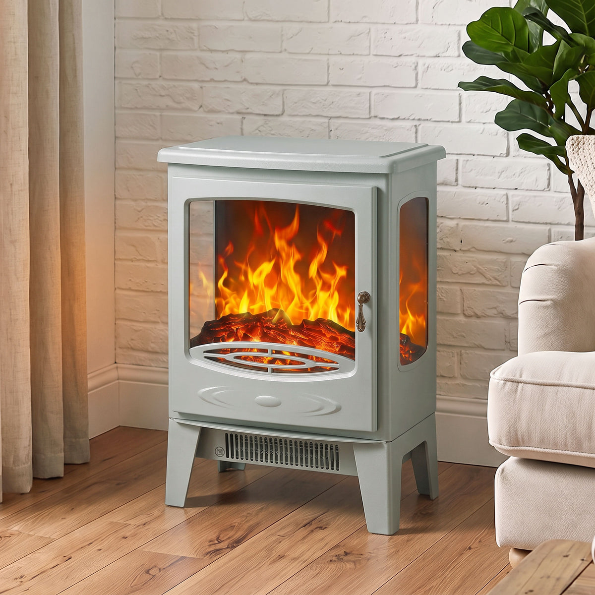 HOMCOM 900W/1800W Freestanding Electric Fireplace, Room Heater with Adjustable Artificial Flame, 3-Sided Tempered Glass, Grey
