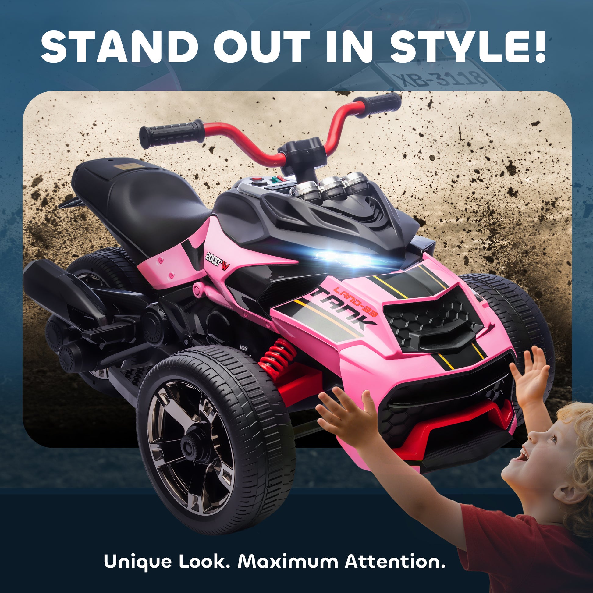 AIYAPLAY 12V Kids Electric Ride On Car with 3 Wheeler, MP3 Player, Horn, 2 Speeds, LED Lights for Boys & Girls Ages 3-8, Pink