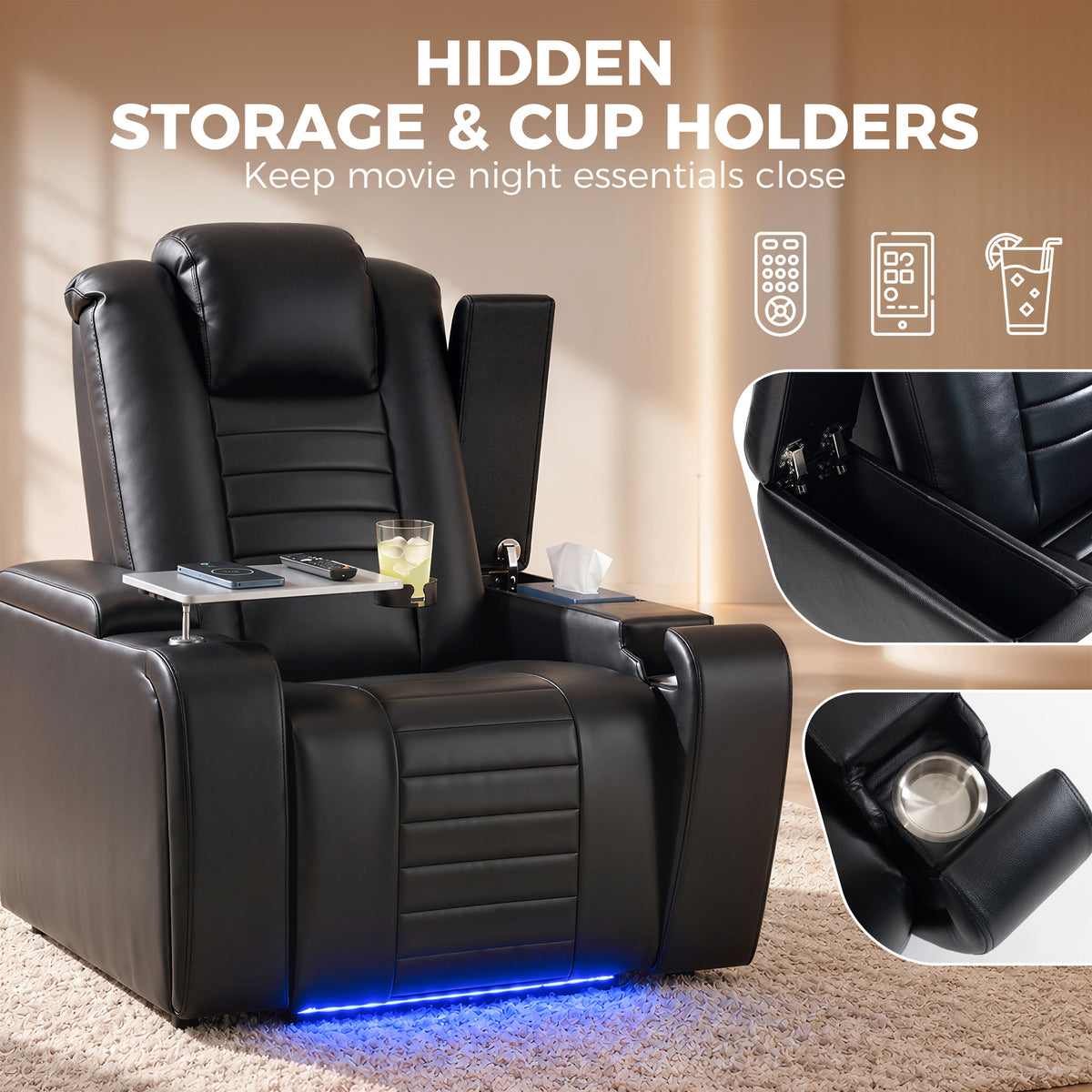 HOMCOM Electric Recliner Armchair w/ Type C+USB, LED Light, PU Leather Cinema Recliner Chair w/ Storage, Tray Table, Black