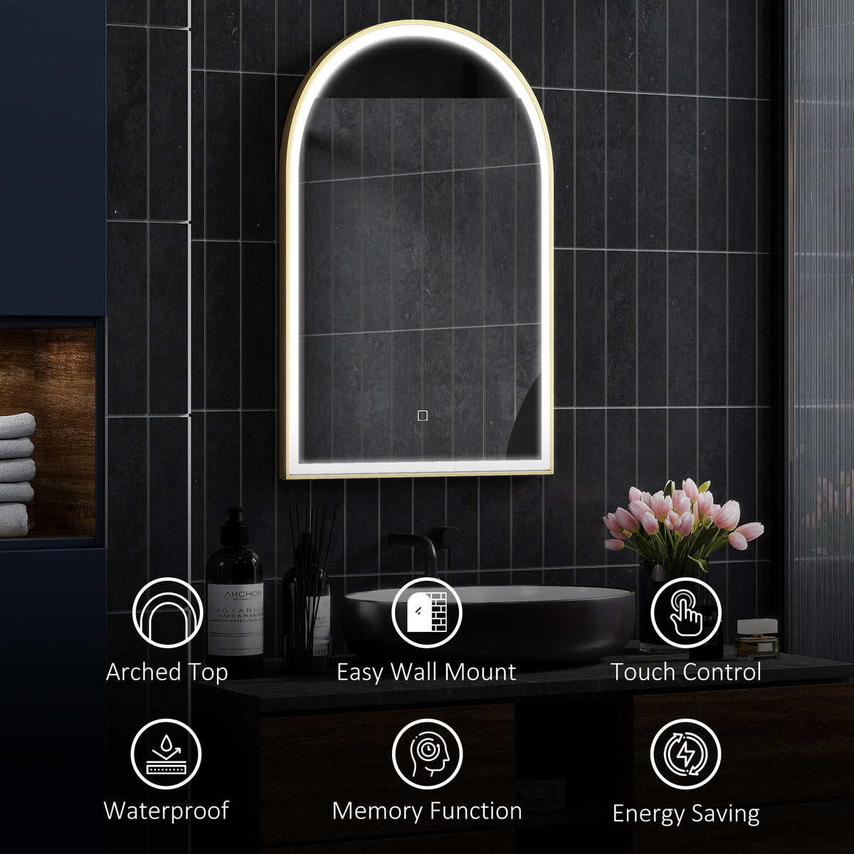 HOMCOM 90 x 60 cm Bathroom Mirror with LED Lights, Anti-Fog Arched Vanity Mirror with 3 Colour Dimmable, Gold Tone
