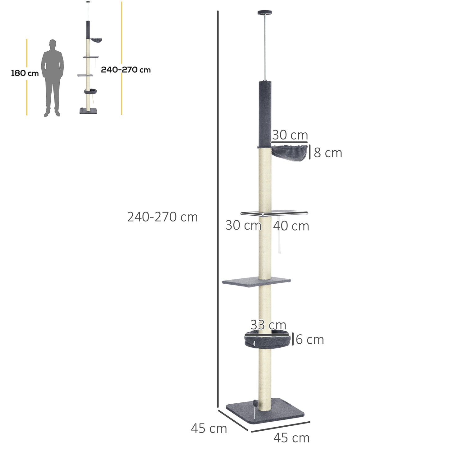 PawHut 240-270cm Floor-To-Ceiling Cat Tree, 5 Tier Cat Climbing Tower, with Bed, Hammock, Platforms, Dark Grey and Cream