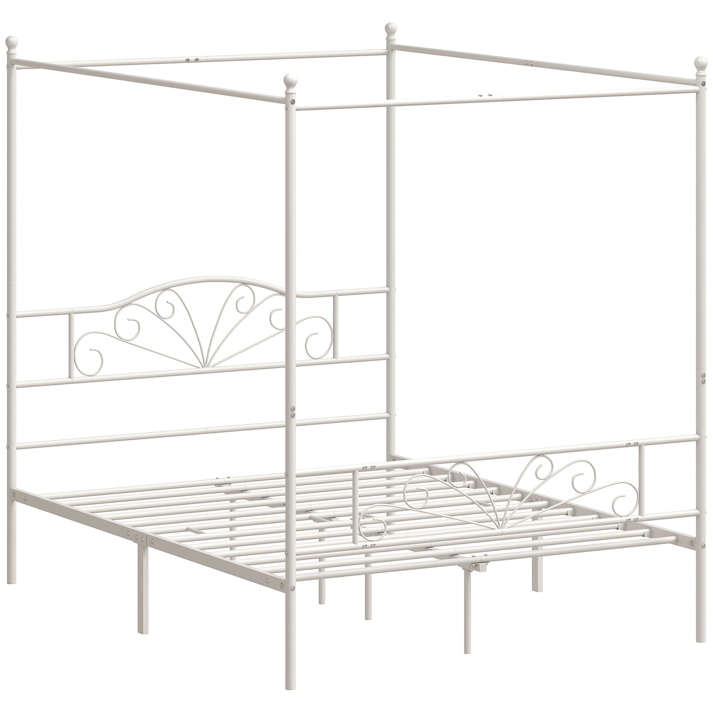 HOMCOM Canopy Bed Frame King Size, Metal Platform Bed Frame with Headboard and Footboard, Underbed Storage, White