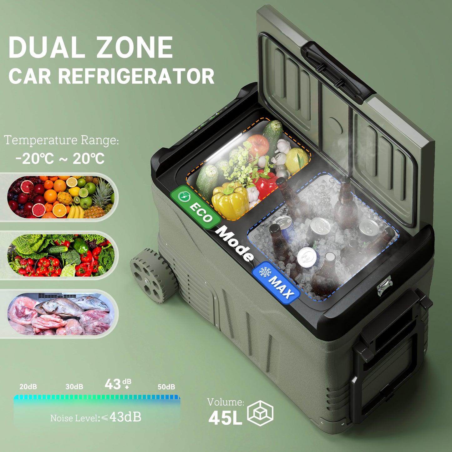 Outsunny 45L Two Compartment Car Fridge Cooler - Green