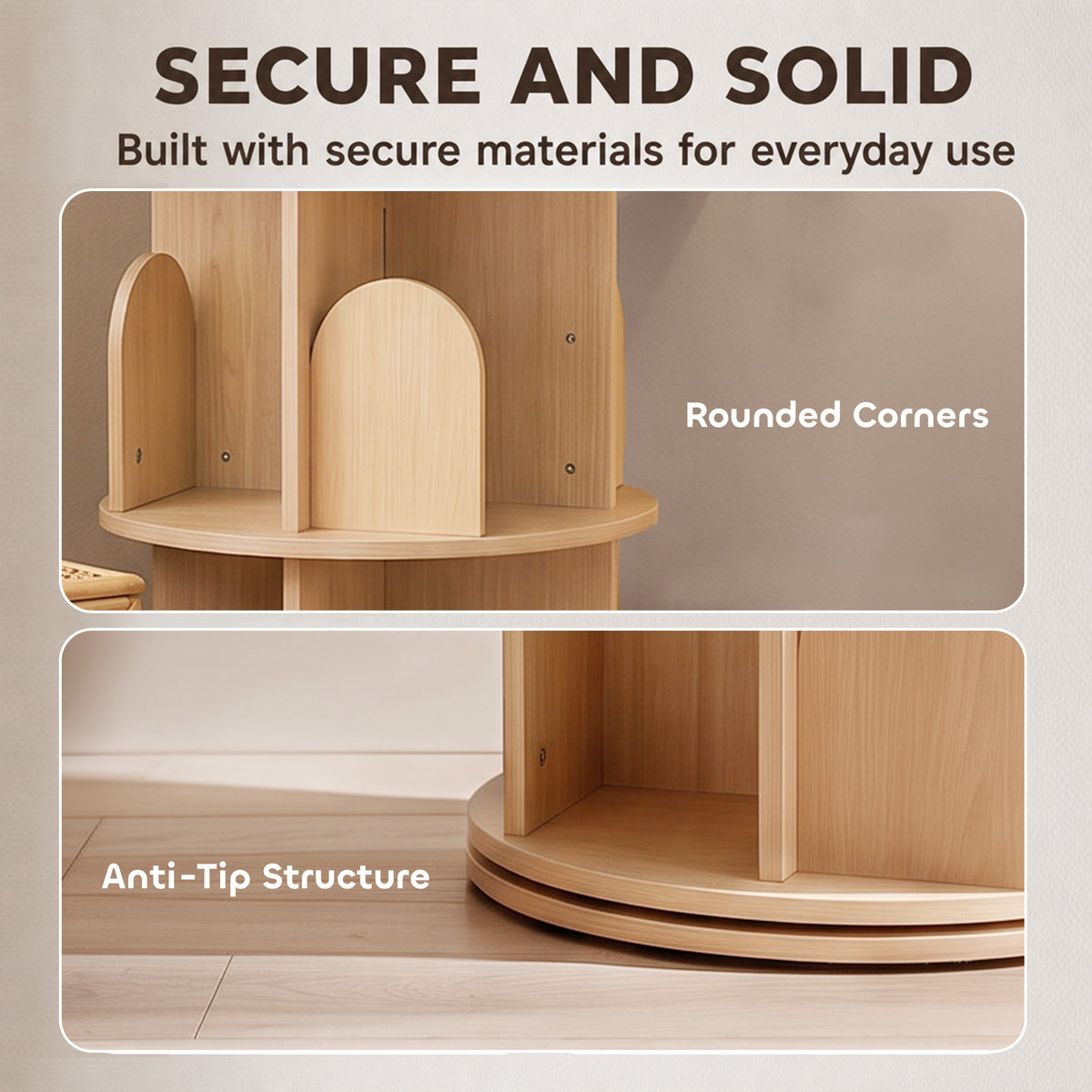 AIYAPLAY 3-Tier Rotating Bookcase, Round Kids Bookshelf Floor Standing 360Â° Rotating for Bedroom, Kids Room and Playroom, Natural