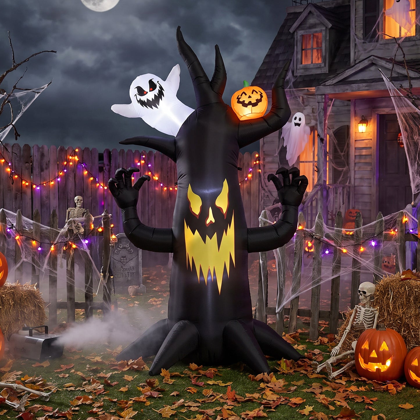 Outsunny 8 FT Halloween Inflatable Spooky Tree, Blow Up Decoration with Ghost and Pumpkin for Garden Indoor Outdoor Decor