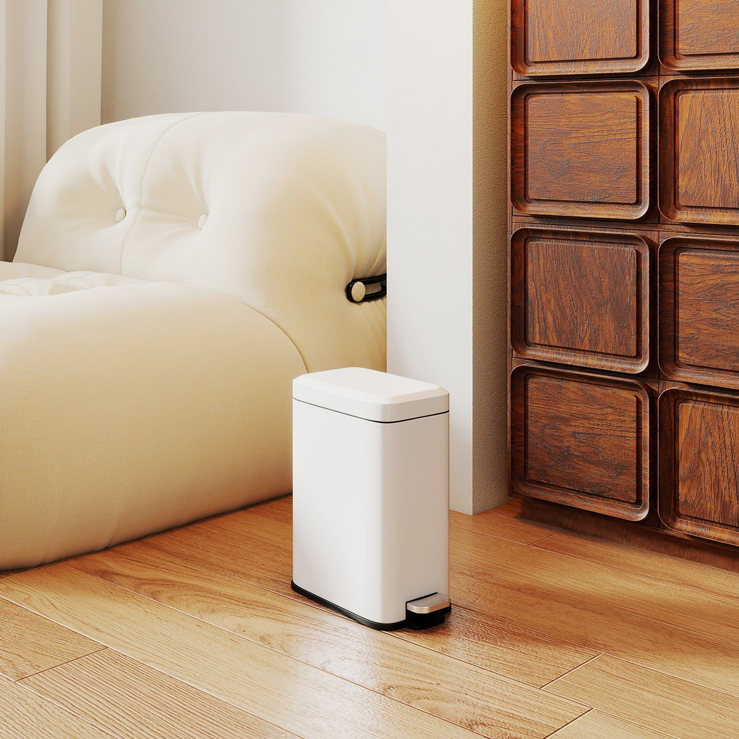 HOMCOM 5L Rectangular Compact Bin Steel Body Removable Bucket Quiet-Close Lid w/ Pedal Lid Rubbish Trash Can Home Office Bedroom Bathroom Living Room Garbage Tidy Clean White