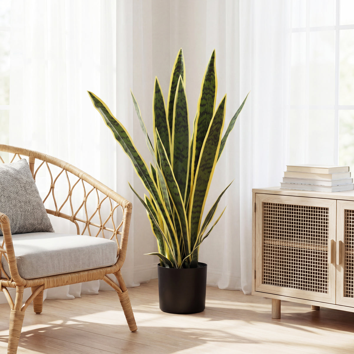 Outsunny Artificial Snake Plant 21 Variegated Leaves Fake Plant in Pot Indoor Outdoor Decor Green
