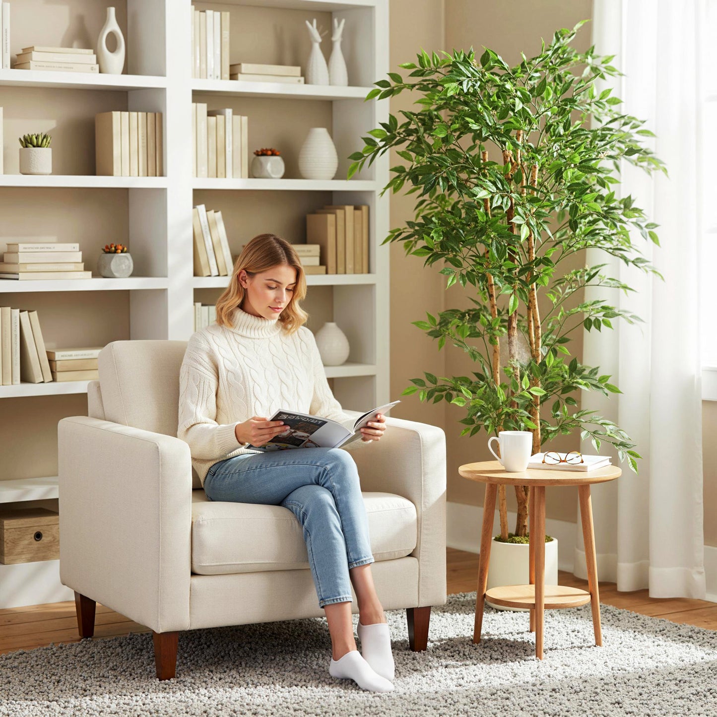 HOMCOM 180cm Artificial Ficus Tree, Fake Potted Tree with Solid Wood Trunk and Pot for Indoor, Green