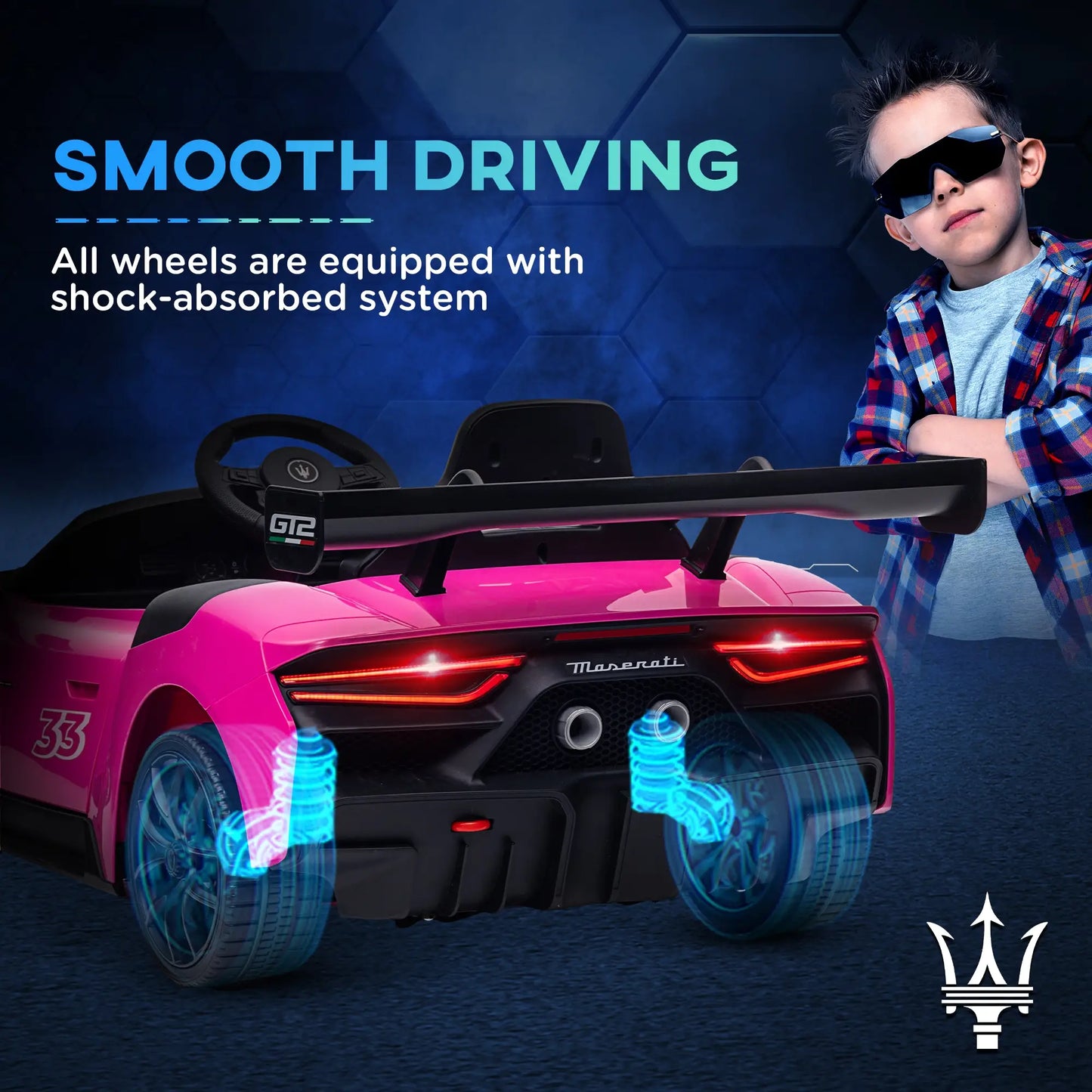 Maserati GT2 Licensed 12V Kids Electric Ride on Car with 4 Suspension Wheels, Remote Control, Music, Horn, Lights, Pink