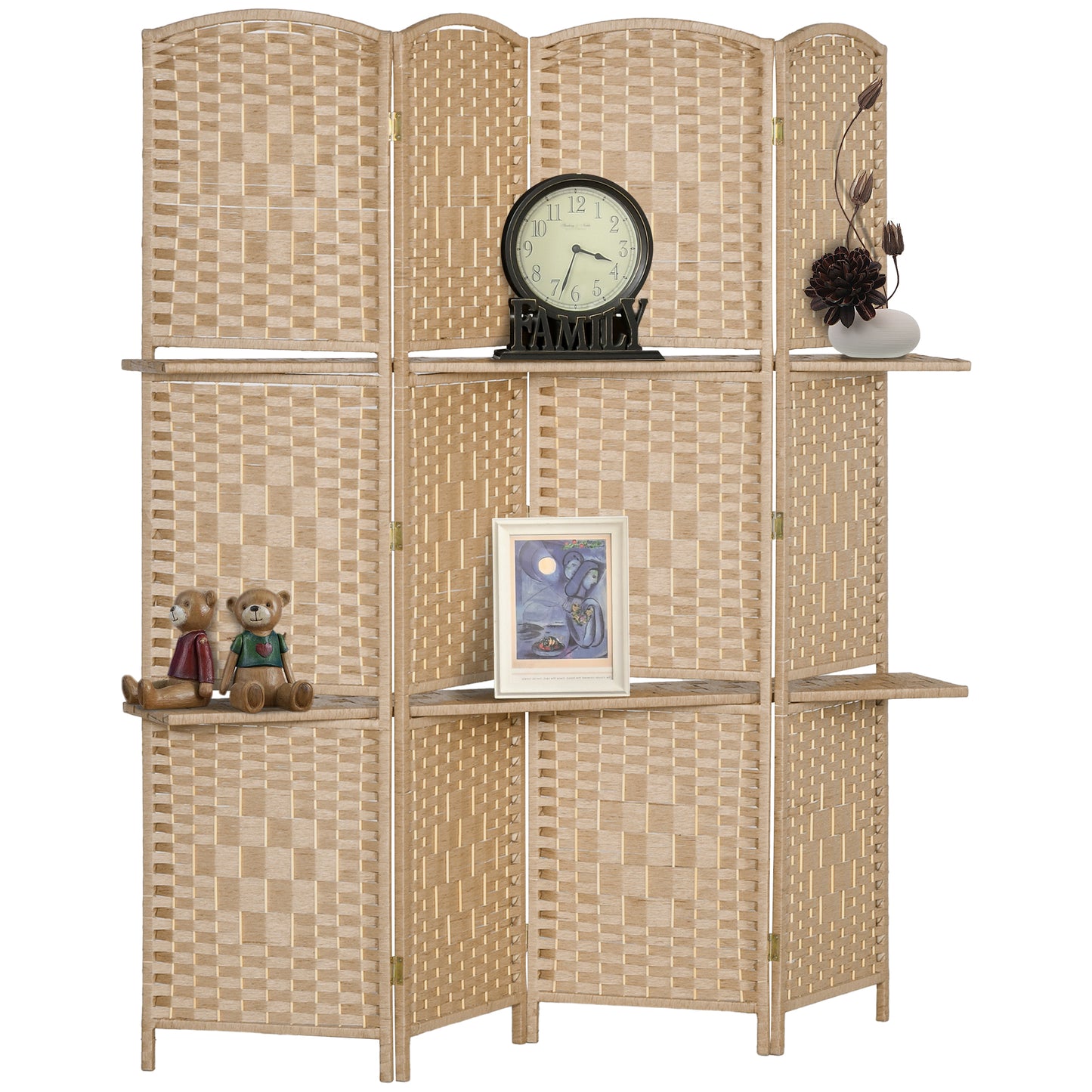 HOMCOM 4-panel room divider screen 160 x 170 cm with 2 shelves, foldable, wood