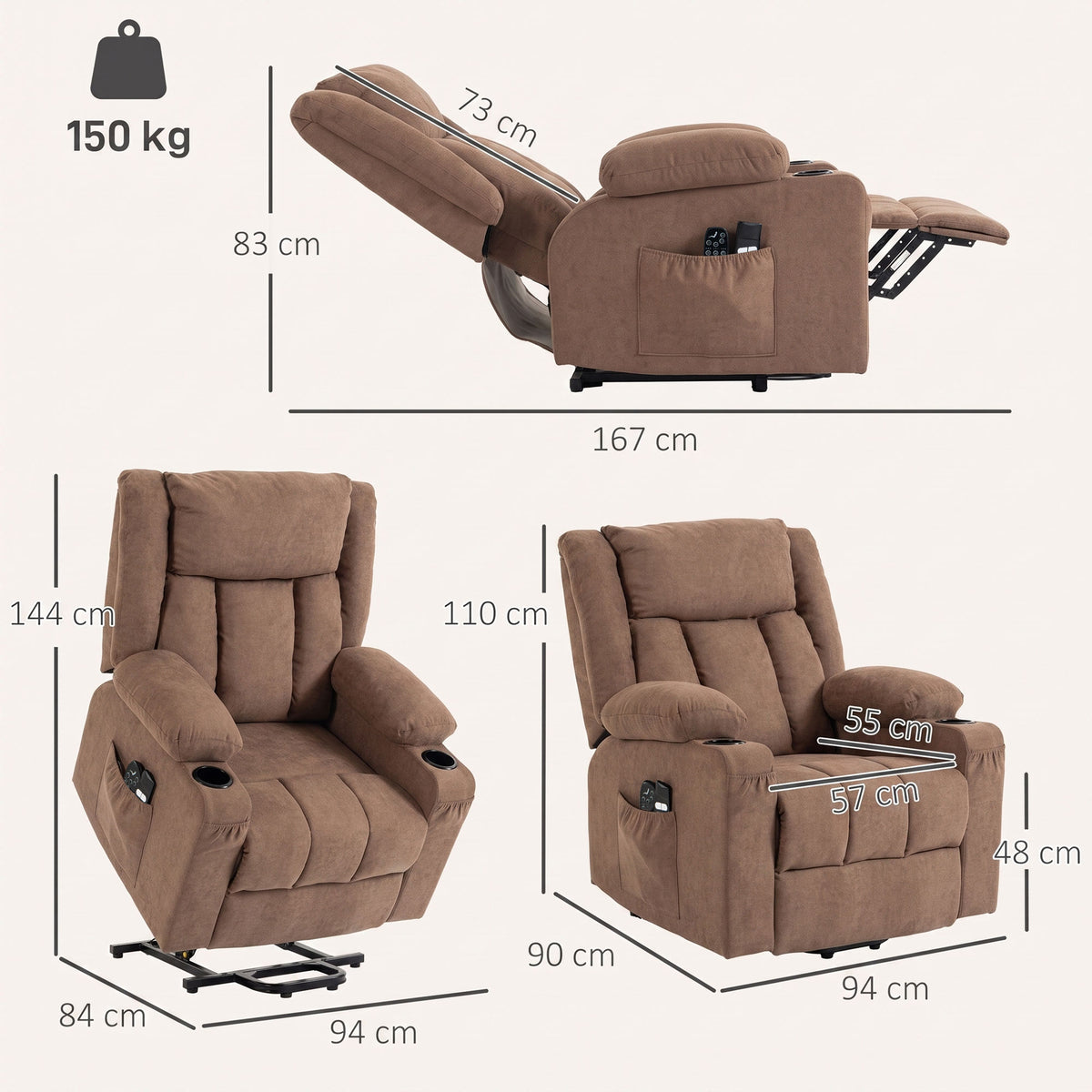 HOMCOM Dual Motor Recliner Chair, 55Â° Electric Lift Chair for Elderly, Recliner Armchair with Massage and Heat, Brown
