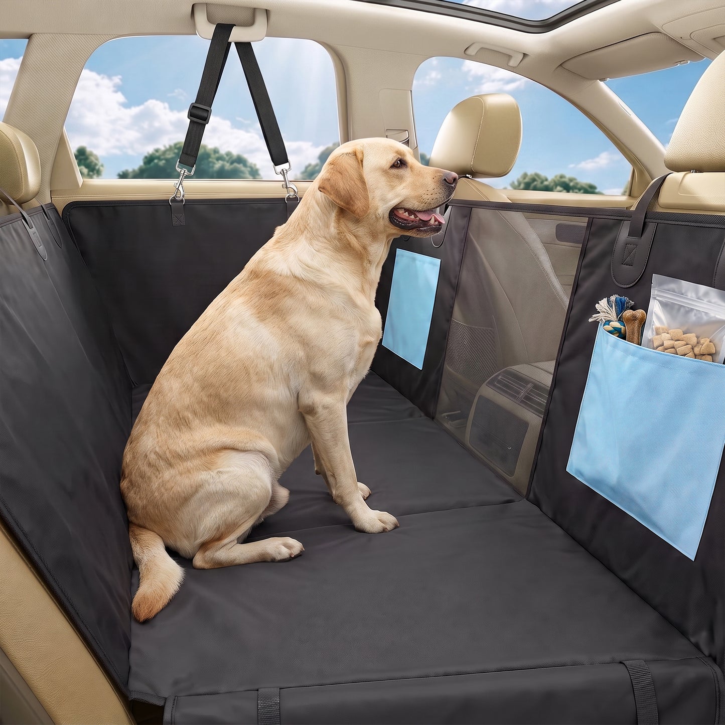 PawHut Dog Car Seat Cover, Waterproof Dog Travel Hammock w/ Non-Slip & Anti-Scratch Surface, Mesh Window and Pockets, Blue