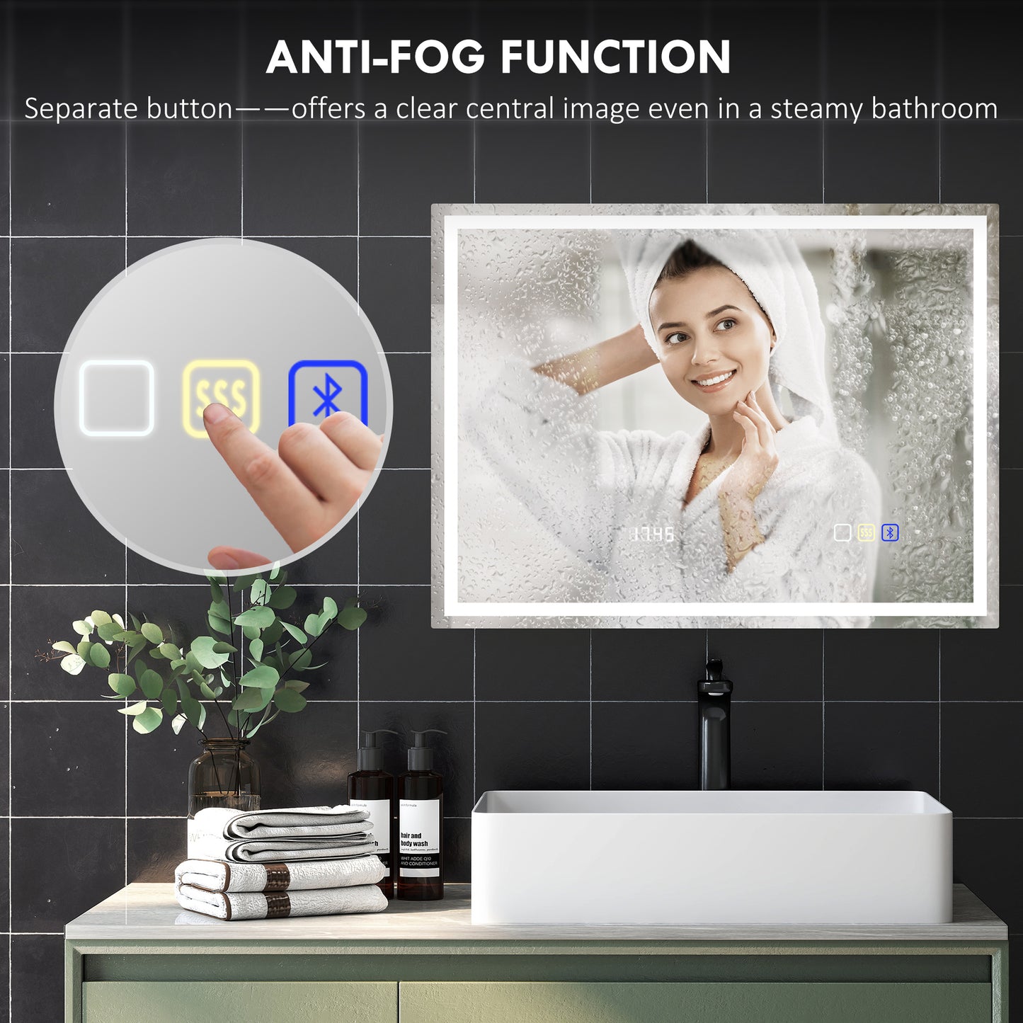 HOMCOM 60 x 80 cm Anti-Fog LED Bathroom Mirror, with Bluetooth and Clock - Silver Tone