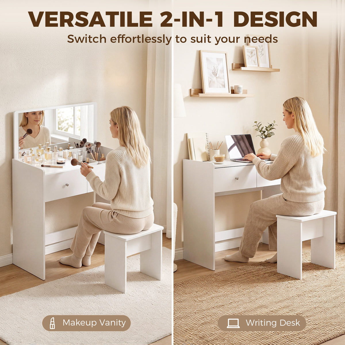 HOMCOM Vanity Desk with Mirror Dressing Table Drawer Set 6 Compartments Storage Stool White